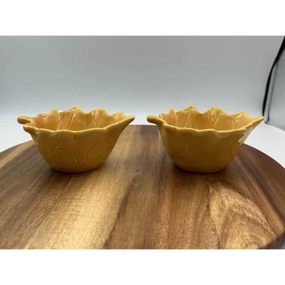 Pier 1 Leaf Bowls Set 2pc Ceramic Appetizer Nut Snack Dishes Mustard Yellow Fall